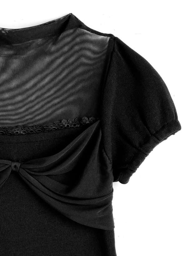 シアーハイネックリボンニットトップス