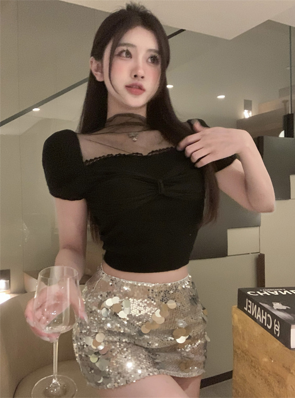 シアーハイネックリボンニットトップス