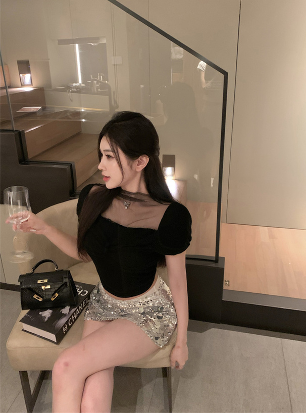 シアーハイネックリボンニットトップス