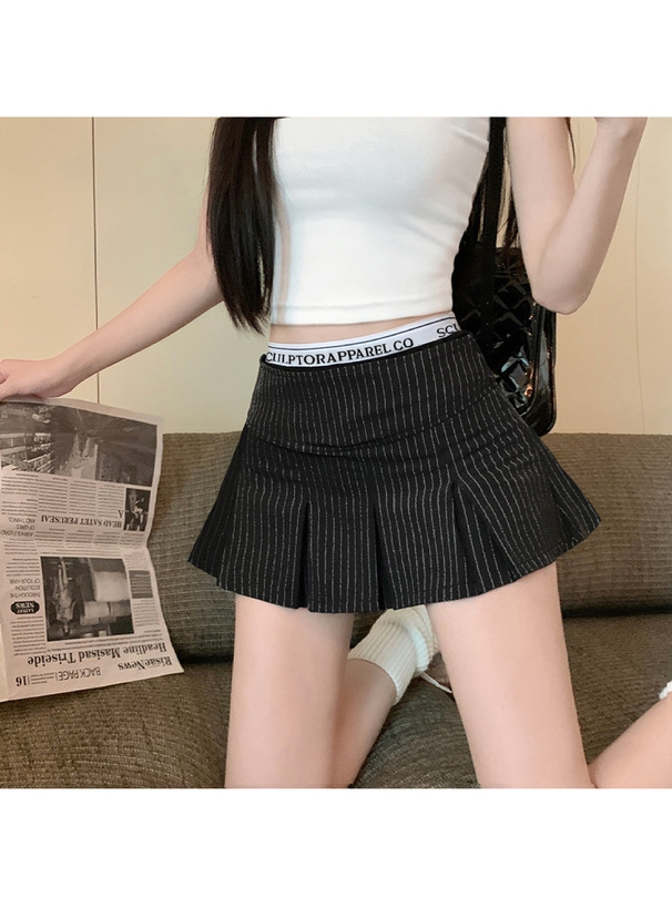 OPEN YY ストライプ柄フリルミニスカート インパン付きストライプ柄ロゴウエストプリーツミニスカート