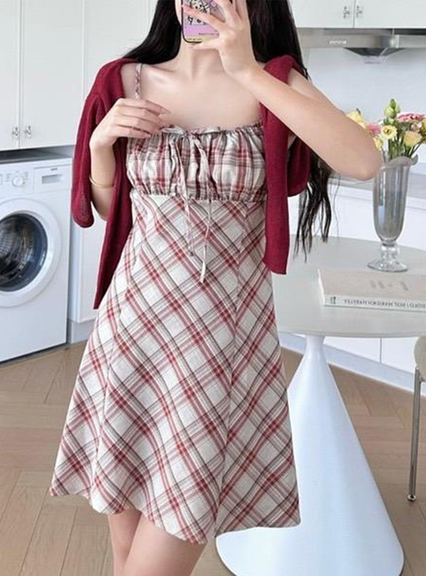 チェック柄リボンキャミソールミニワンピース[ks147] | レディース