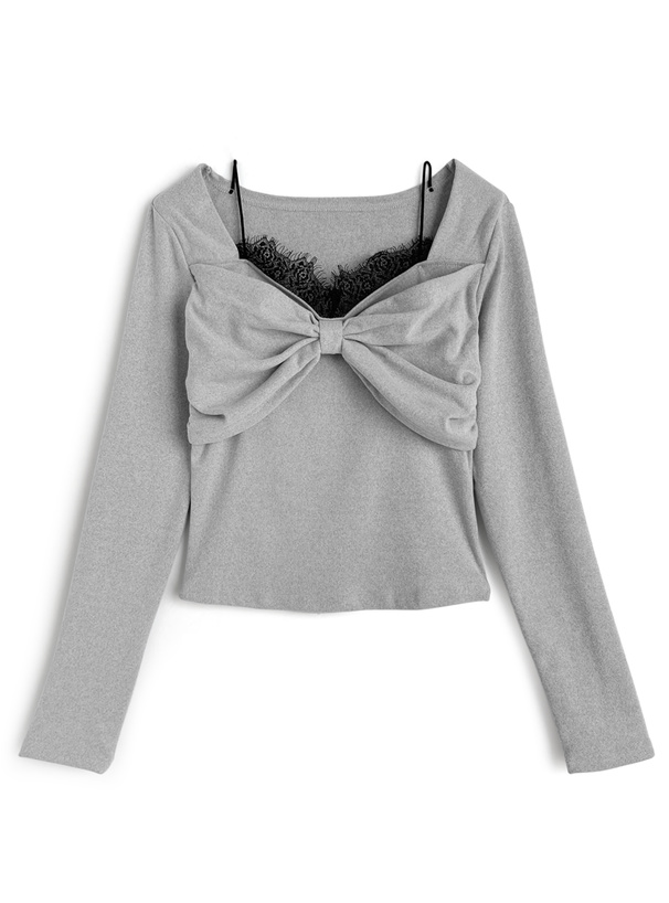 レースレイヤード風リボンデザイントップス[ks148]