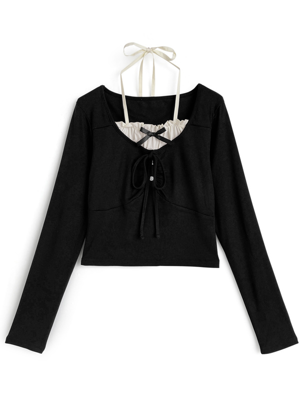 ダブルリボンレイヤード風ホルターネックフリルトップス