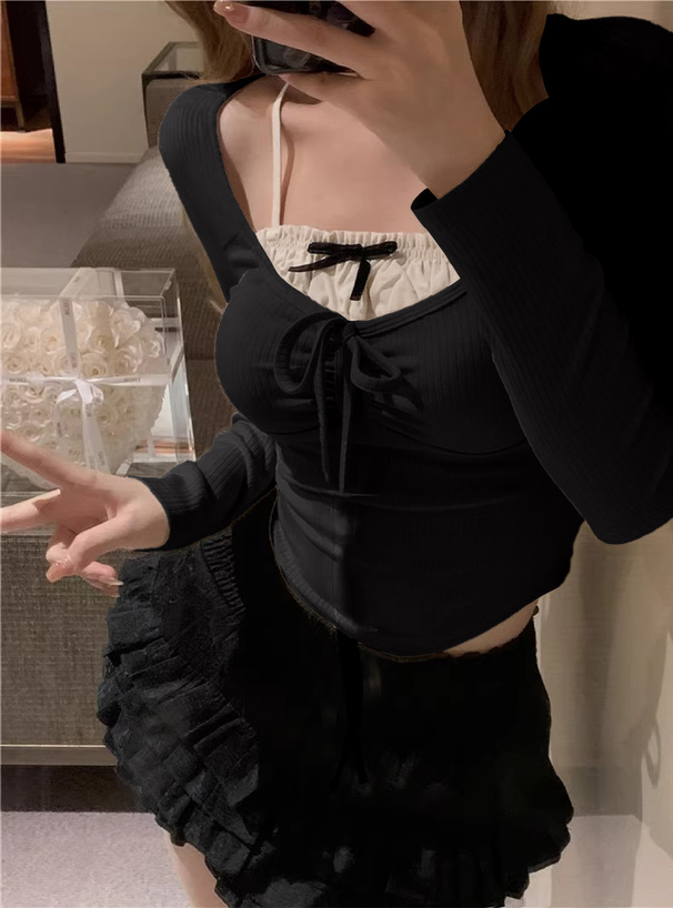 ダブルリボンレイヤード風ホルターネックフリルトップス[ks149