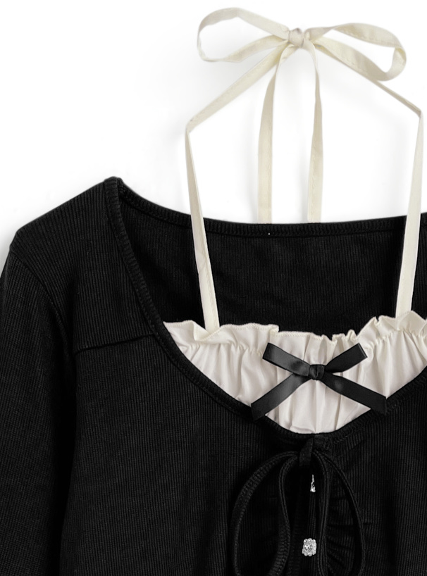 ダブルリボンレイヤード風ホルターネックフリルトップス