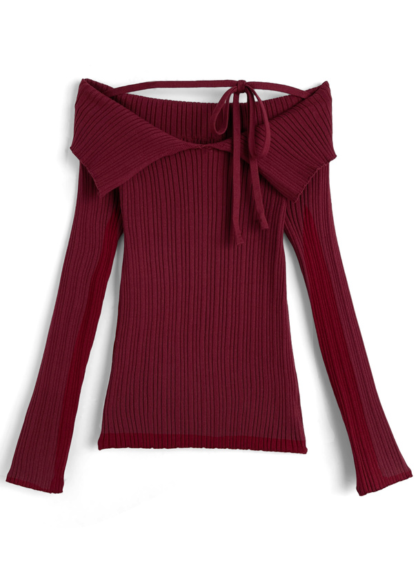 ビッグカラーオフショルダーリボンニットトップス