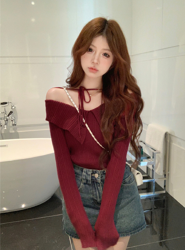 ビッグカラーオフショルダーリボンニットトップス[ks150