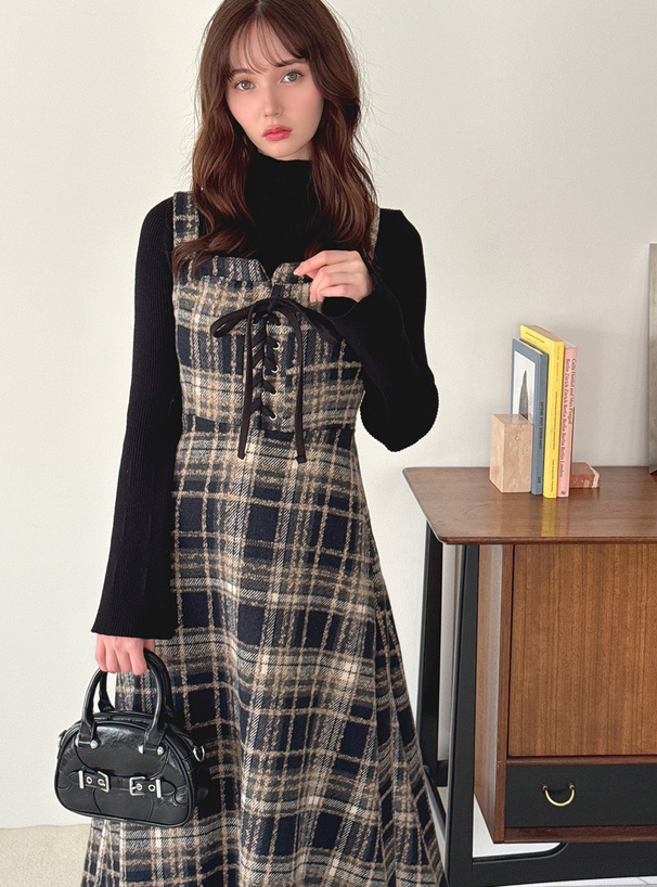 チェック柄レースアップロングワンピース