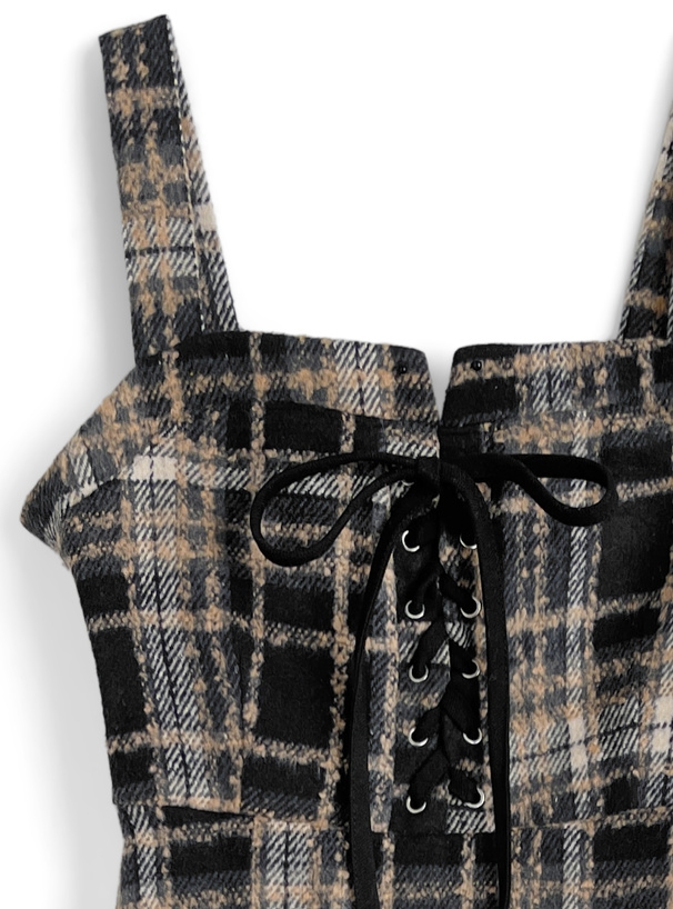 チェック柄レースアップロングワンピース