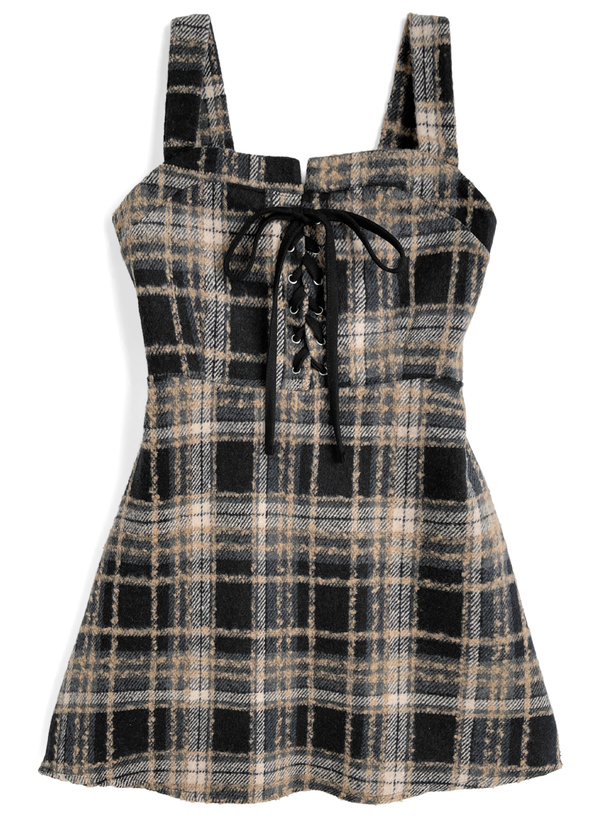チェック柄レースアップミニワンピース[ks155]