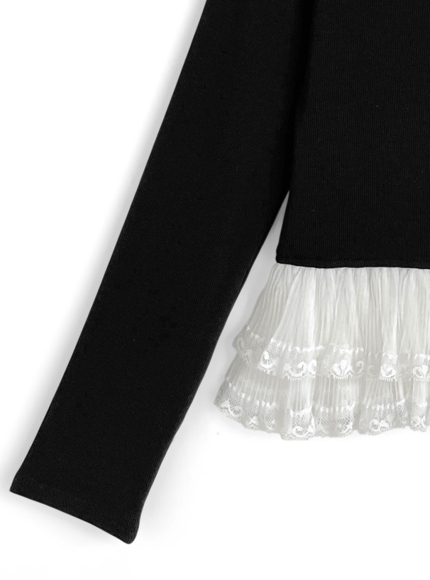 裾レースフリルリブトップス