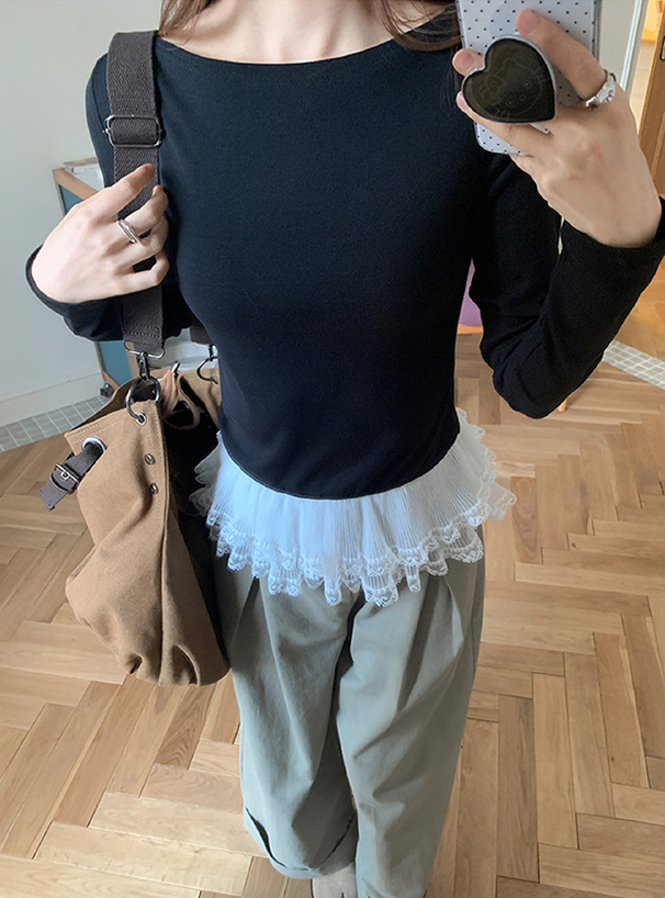 裾レースフリルリブトップス