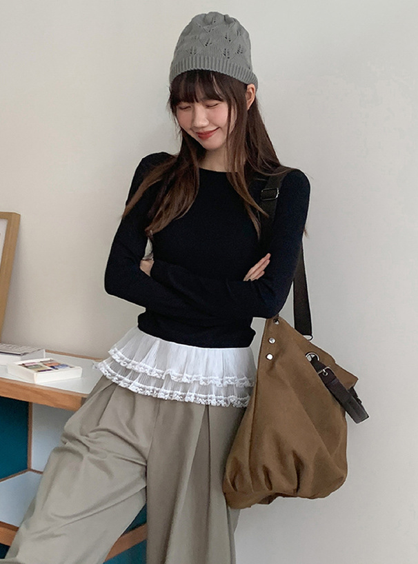 裾レースフリルリブトップス