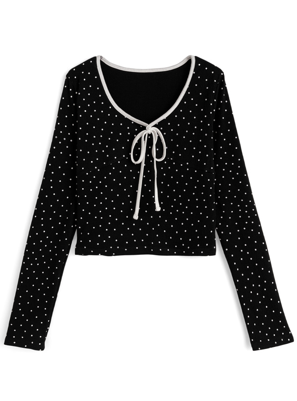 ドット柄フロントリボントップス