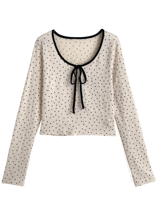 ドット柄フロントリボントップス