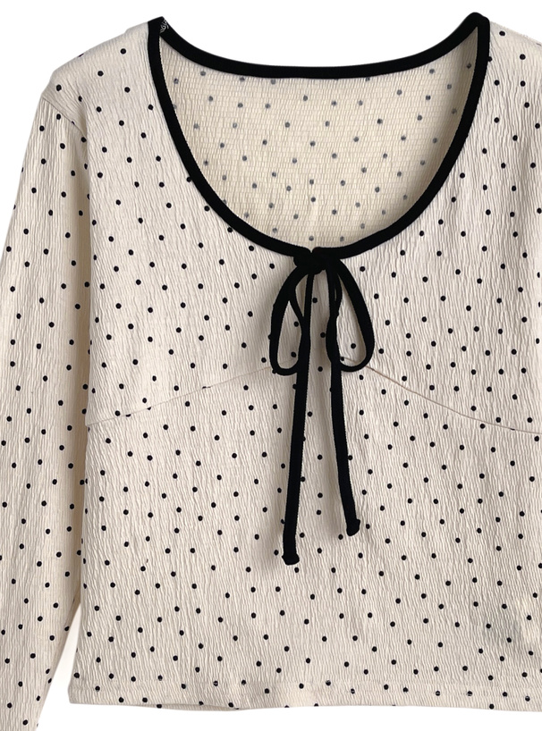 ドット柄フロントリボントップス