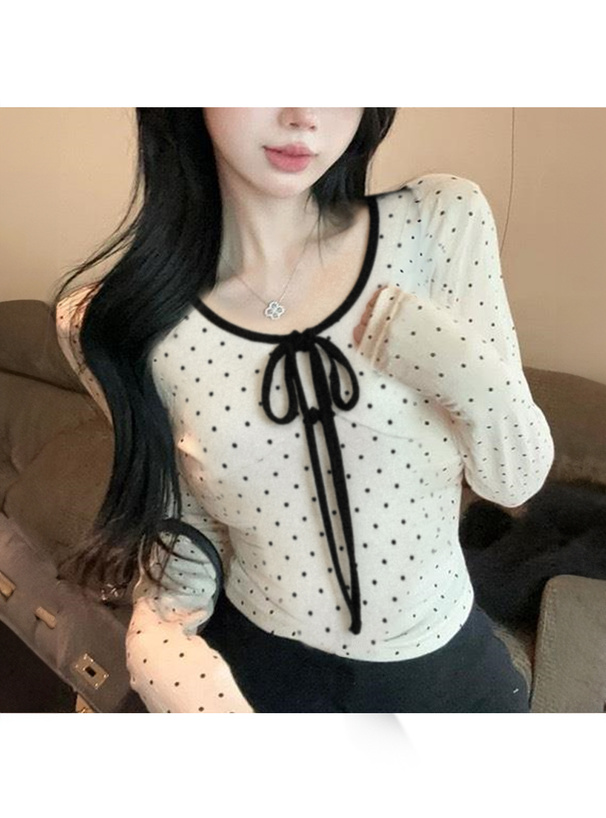 ドット柄フロントリボントップス