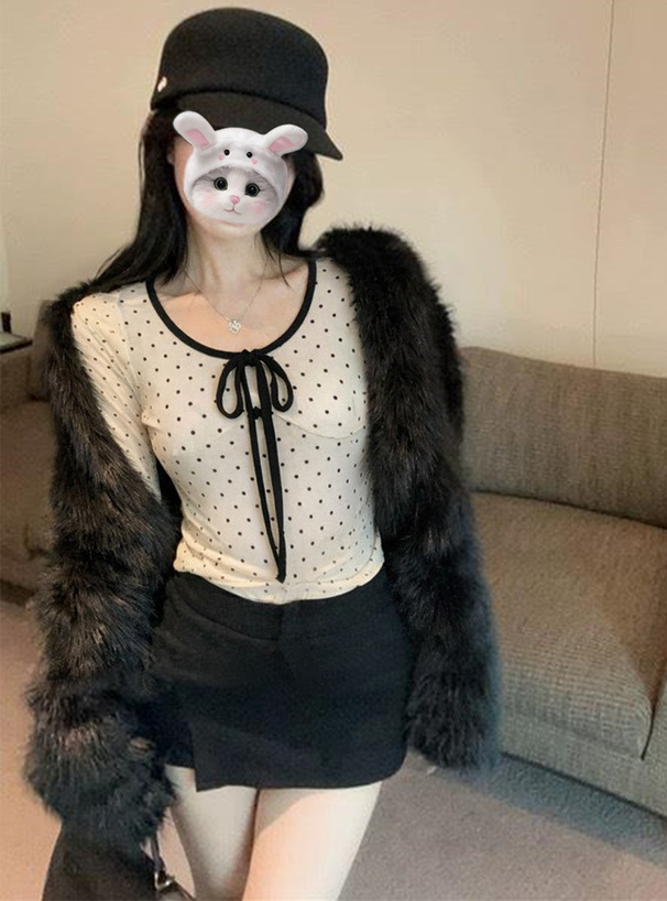 ドット柄フロントリボントップス