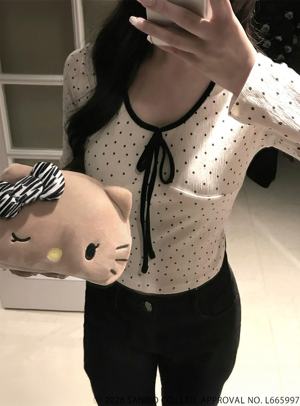 ドット柄フロントリボントップス