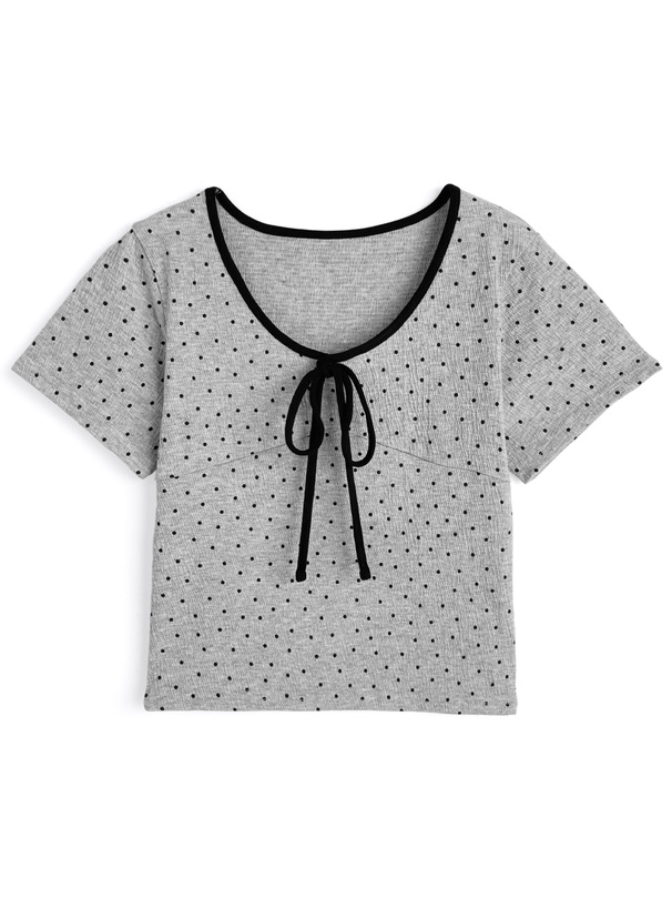 ドット柄フロントリボントップス