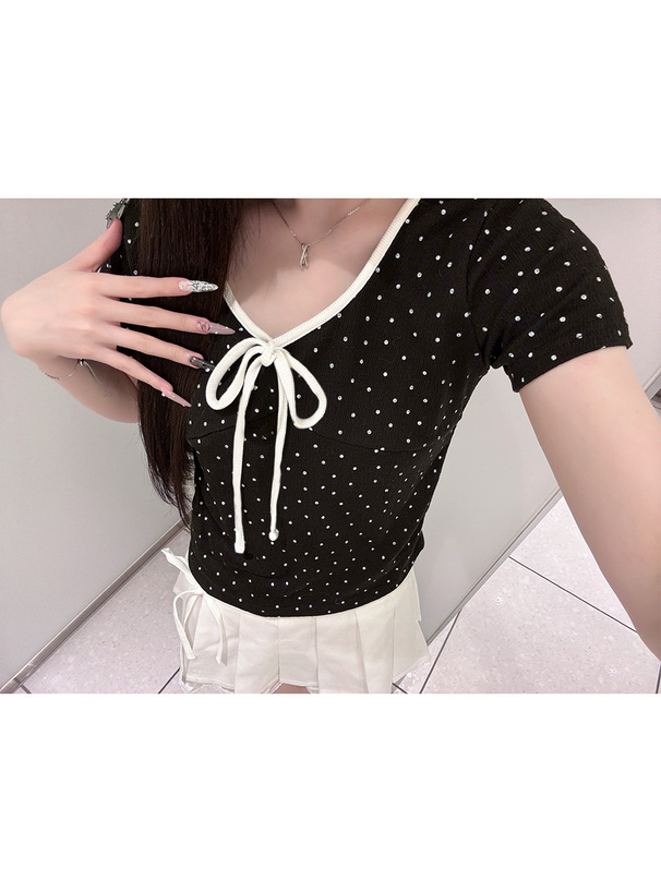 ドット柄フロントリボントップス