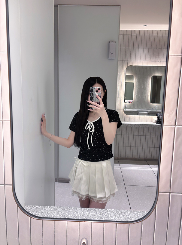 ドット柄フロントリボントップス