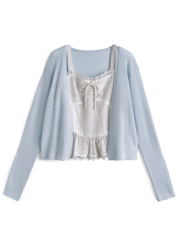 パンチングレースキャミソール×カーディガンアンサンブル