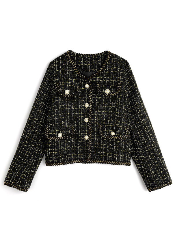 美品 TED BAKER ノーカラー ジャケット ツイード パール 刺繍 ラメツイードパールボタンノーカラージャケット[ks166