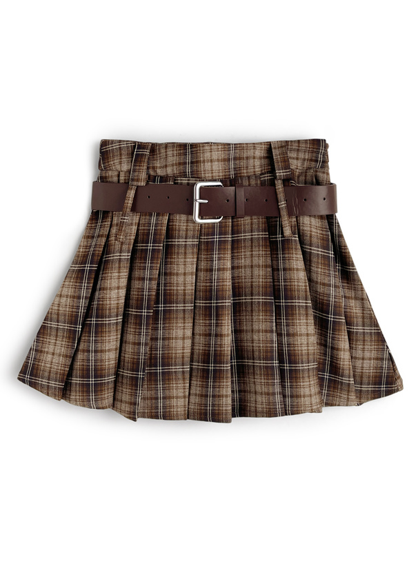 ベルト&インパン裏地付き2Wayチェック柄プリーツミニスカート