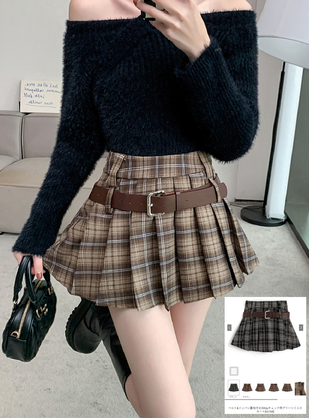 ベルト&インパン裏地付き2Wayチェック柄プリーツミニスカート