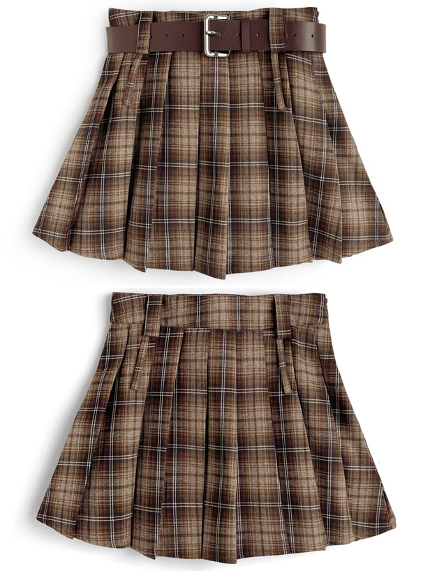 ベルト&インパン裏地付き2Wayチェック柄プリーツミニスカート