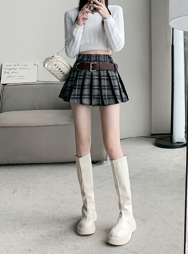 ベルト&インパン裏地付き2Wayチェック柄プリーツミニスカート
