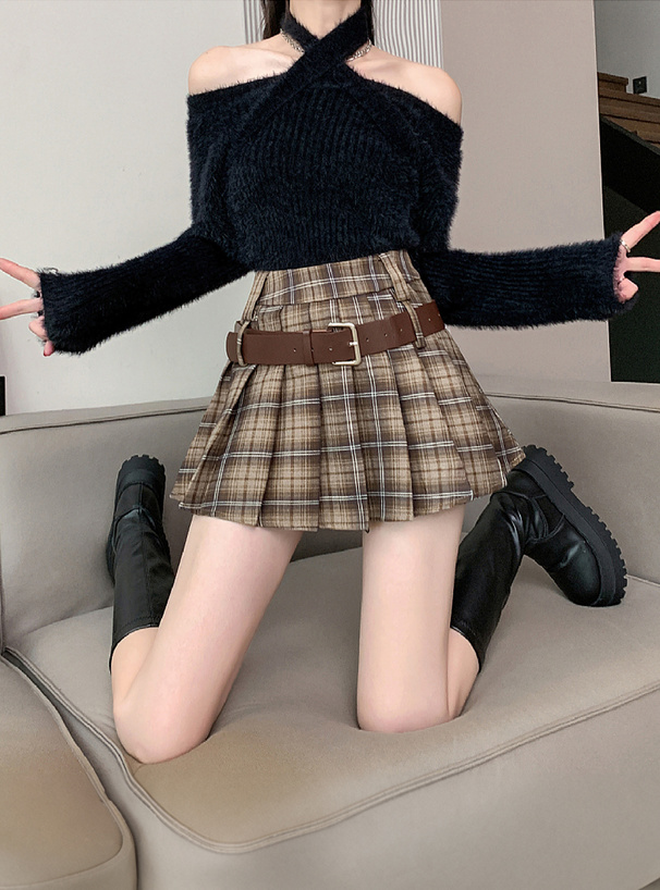 ベルト&インパン裏地付き2Wayチェック柄プリーツミニスカート