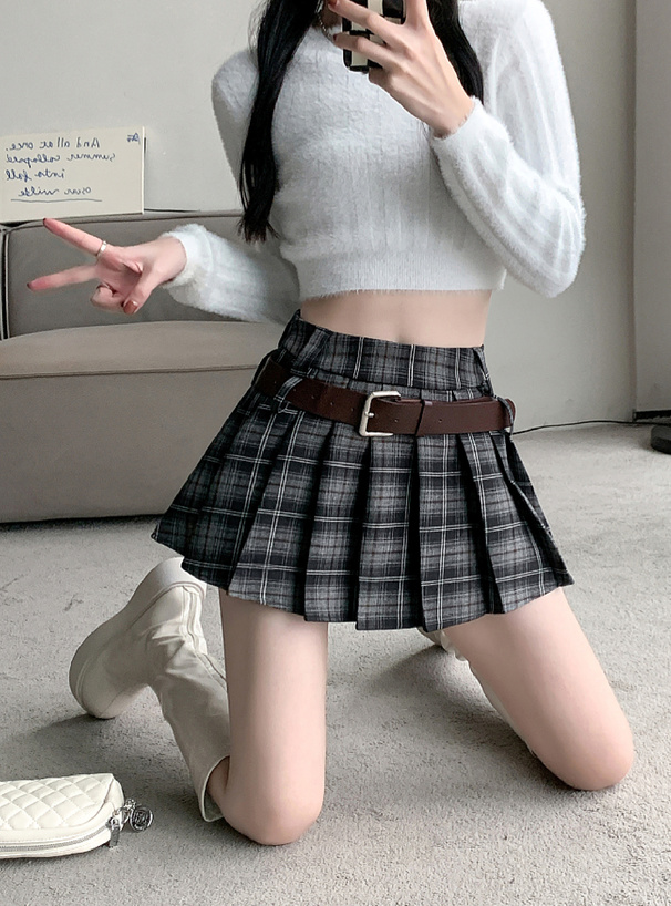 ベルト&インパン裏地付き2Wayチェック柄プリーツミニスカート