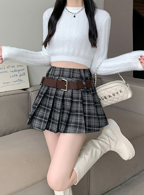 ベルト&インパン裏地付き2Wayチェック柄プリーツミニスカート