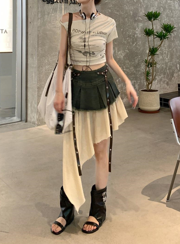 異素材ドッキングアシンメトリーベルトデニムミニスカート