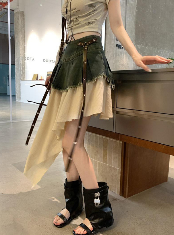 異素材ドッキングアシンメトリーベルトデニムミニスカート