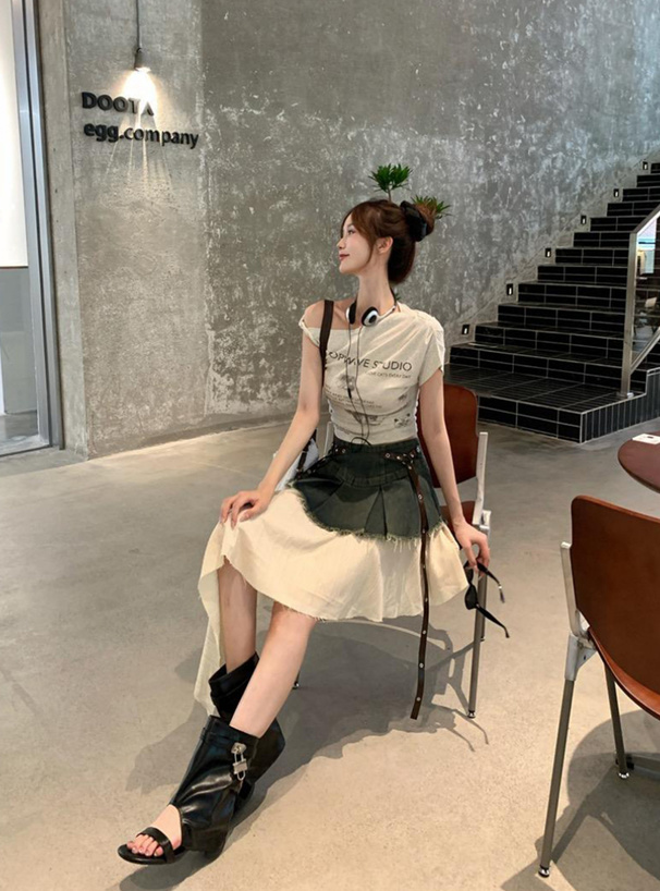 異素材ドッキングアシンメトリーベルトデニムミニスカート