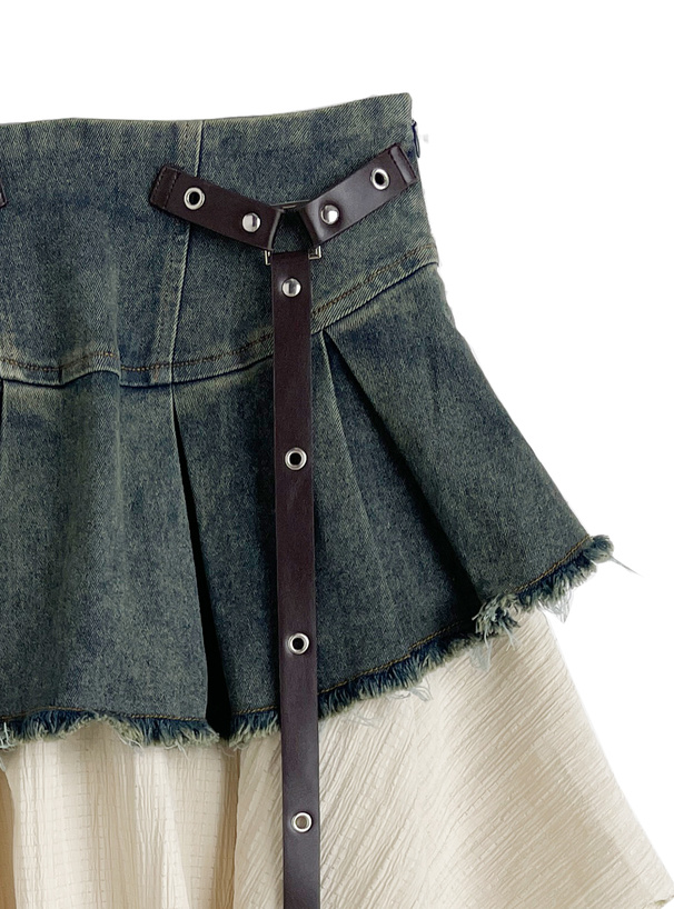 異素材ドッキングアシンメトリーベルトデニムミニスカート
