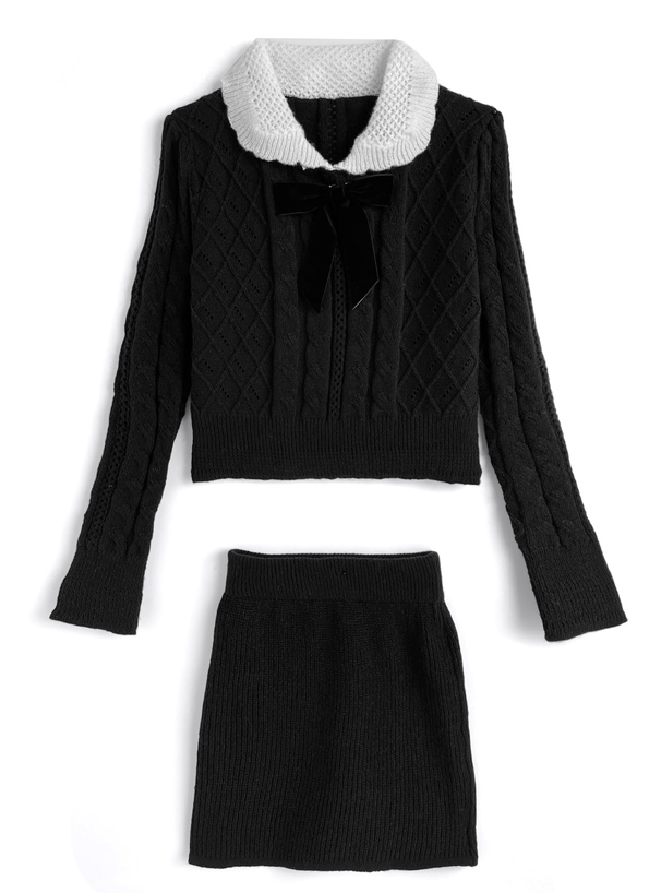 リボン付きケーブル編みトップス×タイトミニスカートニット