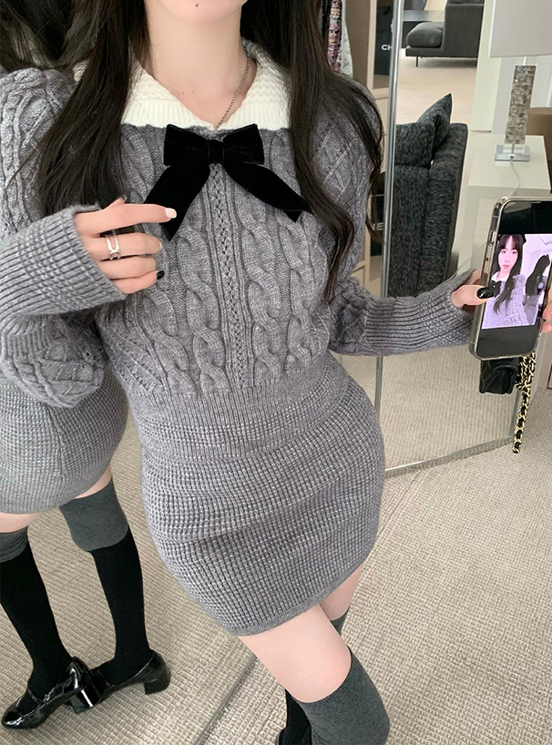 リボン付きケーブル編みトップス×タイトミニスカートニットセットアップ
