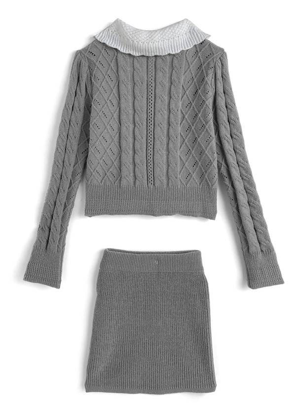リボン付きケーブル編みトップス×タイトミニスカートニット