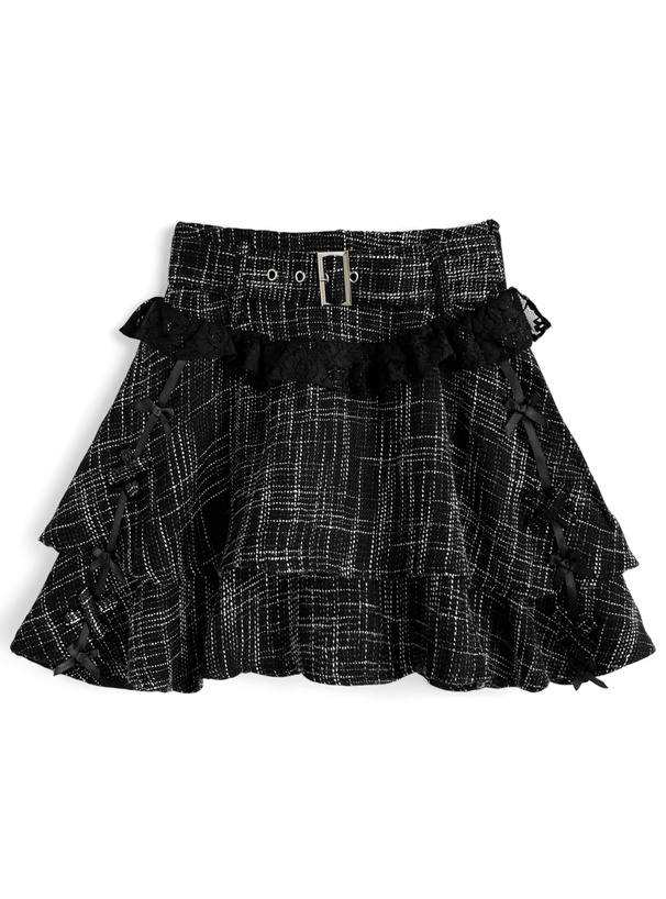 インパン裏地付きツイードフリルリボンティアードミニスカート[ks179