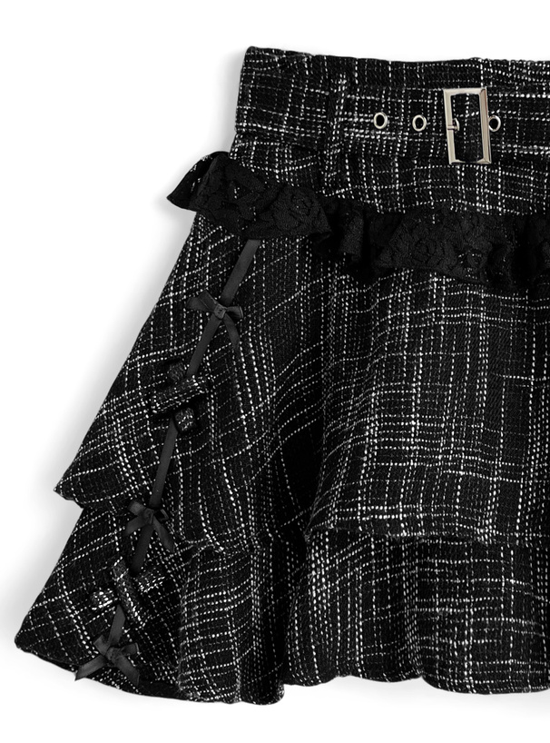 インパン裏地付きツイードフリルリボンティアードミニスカート