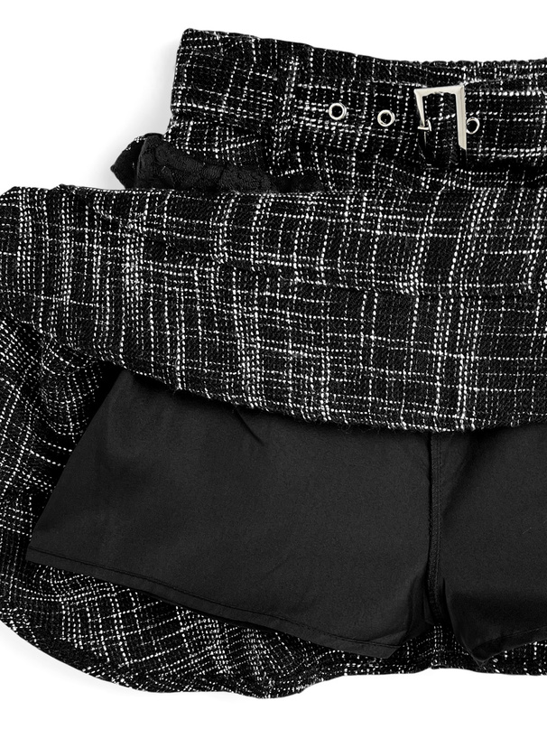 インパン裏地付きツイードフリルリボンティアードミニスカート