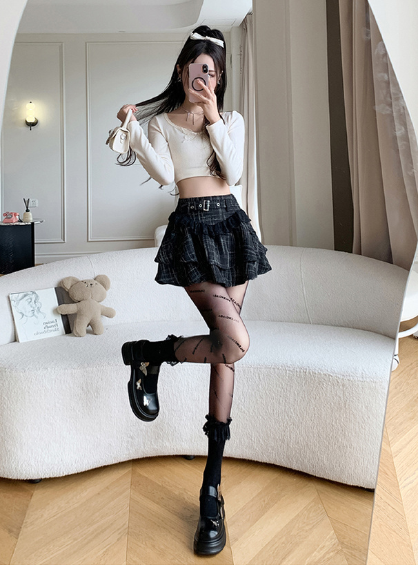 インパン裏地付きツイードフリルリボンティアードミニスカート[ks179