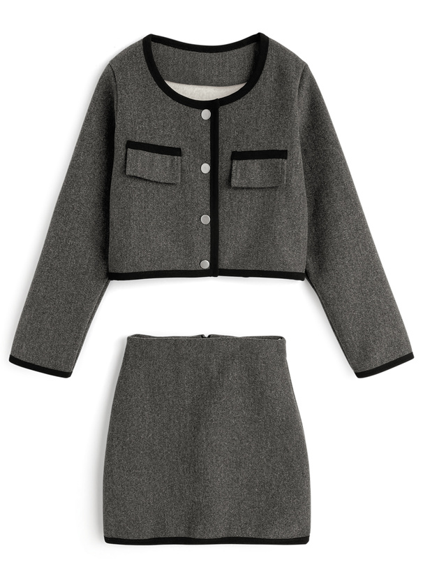 即日発送 PXG グレー キルティングジャケット スカートセット M 配色ラインジャケット×タイトミニスカートセットアップ[ks182