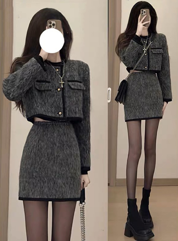 即日発送 PXG グレー キルティングジャケット スカートセット M 配色ラインジャケット×タイトミニスカートセットアップ[ks182