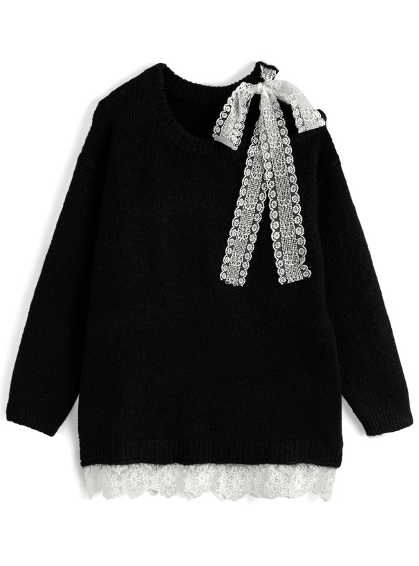 ワンショルダーレースリボンニットトップス[ks183]