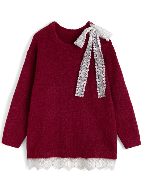 ワンショルダーレースリボンニットトップス